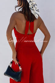 Easy Mode Cross-neck Halter Strap Backless Wide Leg Jumpsuit