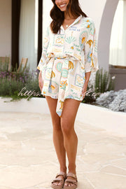Summer Fruit Print Lapel Half Sleeve Tie Waist Loose Rompers