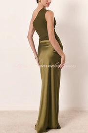 Kaia Satin Contrast Fabric Patchwork One Shoulder Ruched Maxi Dress