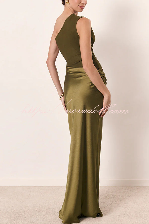 Kaia Satin Contrast Fabric Patchwork One Shoulder Ruched Maxi Dress