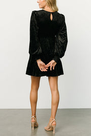 Solid Velvet Long Sleeve Crew Neck Smocked Ruffle Mini Dress