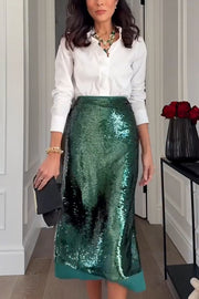 Shimmer Scene Sequin Patchwork Hem High Rise Slit Pencil Midi Skirt