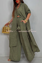 Solid Color Casual Loose Long Shirt and Elastic Waist Pocket Wide Leg Pants Set