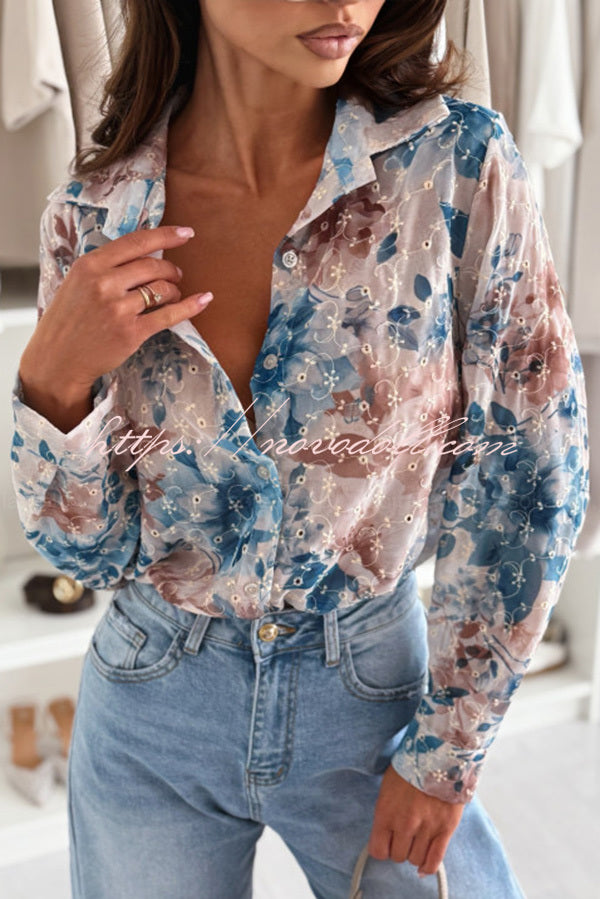 Floral Print Lapel Long Sleeve Casual Shirt