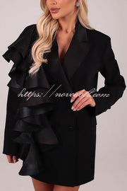 Perfect Party Satin Ruffles Button Up Long Sleeve Lapel Blazer