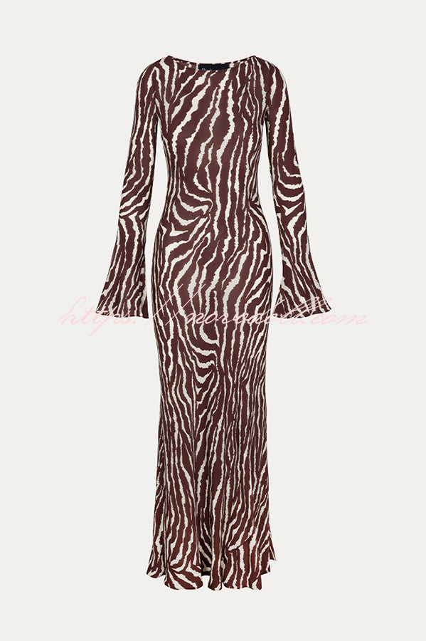 Gia Unique Print Boat Neck Long Bell Sleeve Bias Cut Maxi Dress