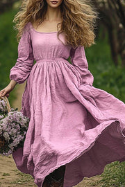 Solid Color Square Neck Long Sleeve Waist Casual Maxi Dress