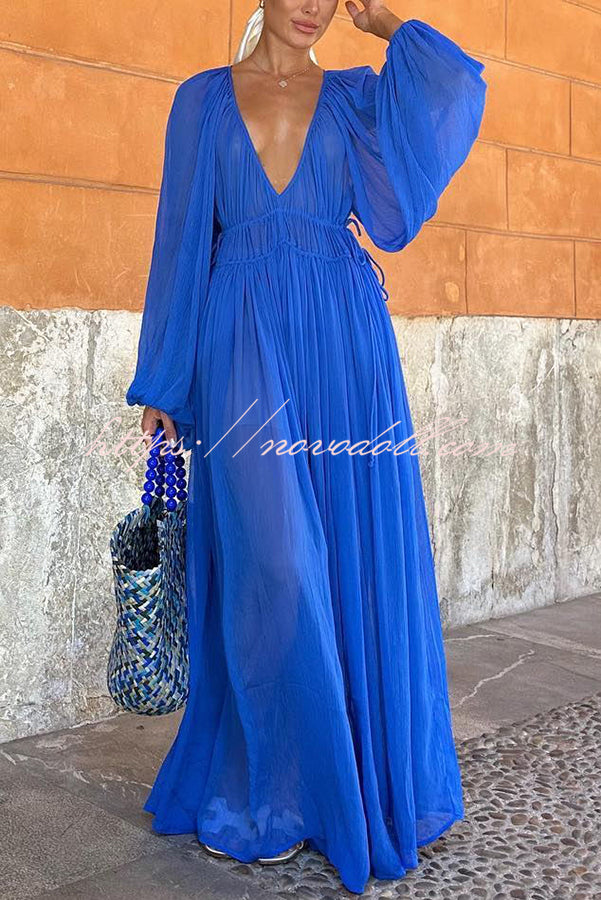 Blue Gemstone Chiffon Ruched Gathered Waist Maxi Dress