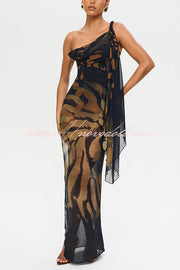 Unique Print Sexy One Shoulder Slim High Slit Maxi Dress