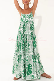 Botanical Floral Print Sexy Sling Backless Maxi Dress