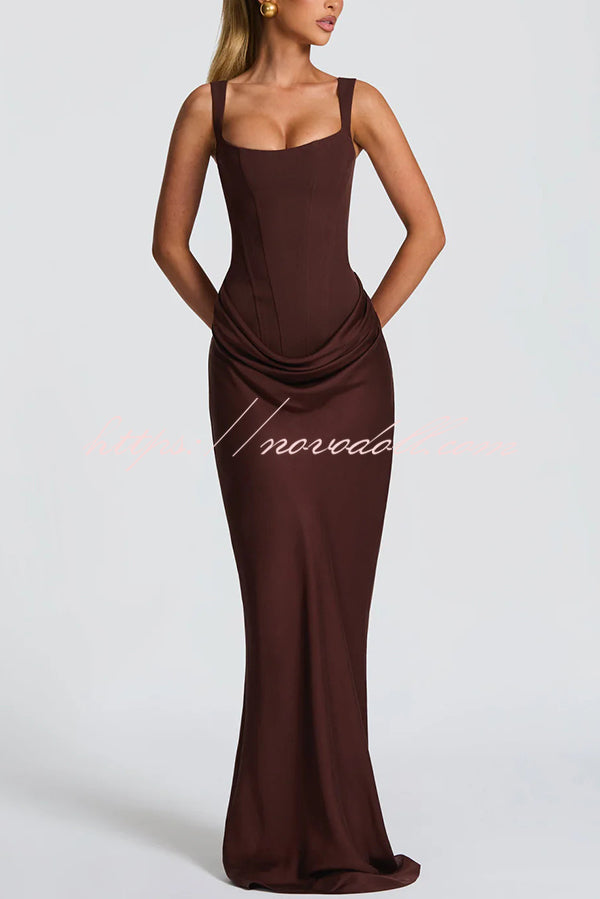 Larrah Square Neck Back Lace-up Satin Drape Hem Maxi Dress