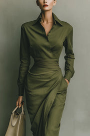 Solid Color Lapel Long Sleeve Pocket Slim-fit Asymmetrical Midi Dress
