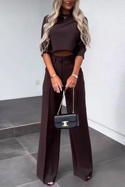 Luisa High Neck Half Sleeve Crop Top and High Rise Pocketed Flare Pants Set