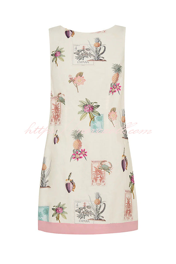 Botanical Print Sleeveless Open Back Casual Mini Dress