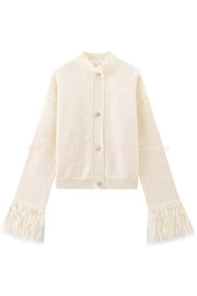 Solid Color Elegant Feather Long Sleeve Casual Knitted Cardigan