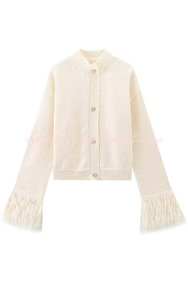 Solid Color Elegant Feather Long Sleeve Casual Knitted Cardigan