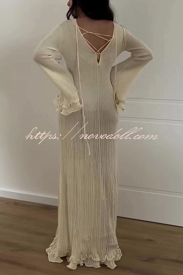 Clara Pleated Fabric Wavy Edges Bell Sleeve Tie-back Stretch Maxi Dress