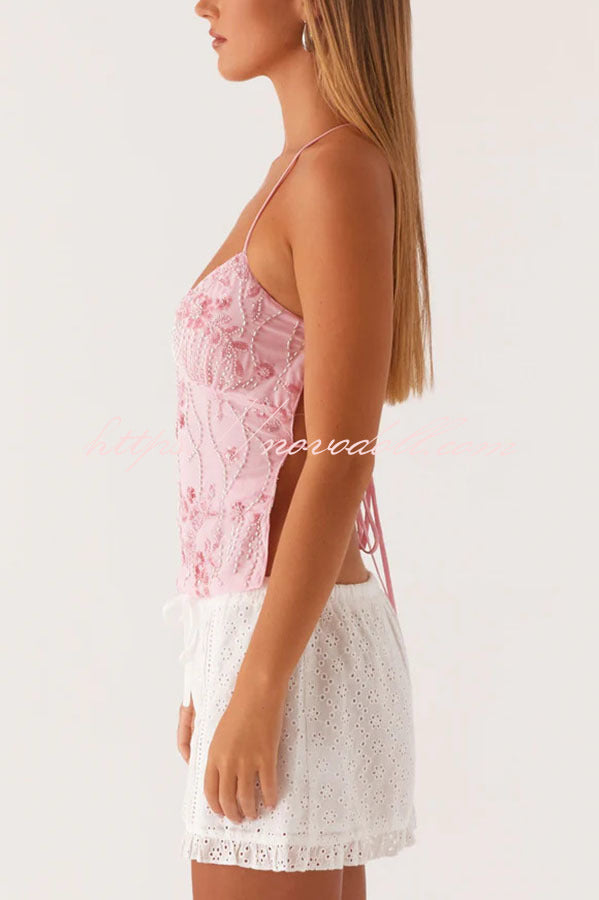Dazzling Sequin Beaded Material Back Lace-up Loose Tank