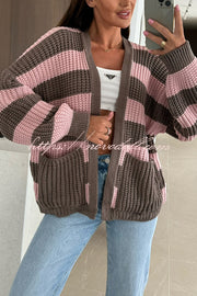 Fashionable Patchwork Striped Casual Pocket Knitted Sweater