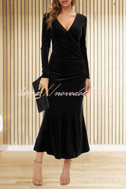 Solid Color Velvet Long Sleeve V-neck Slim Fit Fishtail Maxi Dress