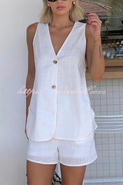 Edna Linen Blend Slit Button Down Loose Vest and Elastic Waist Pocket Shorts Set