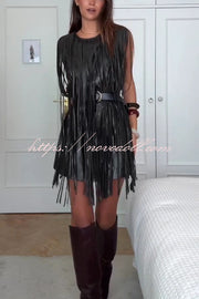 Modern Times Faux Leather Layered Tassel Design Sleeveless H-line Mini Dress
