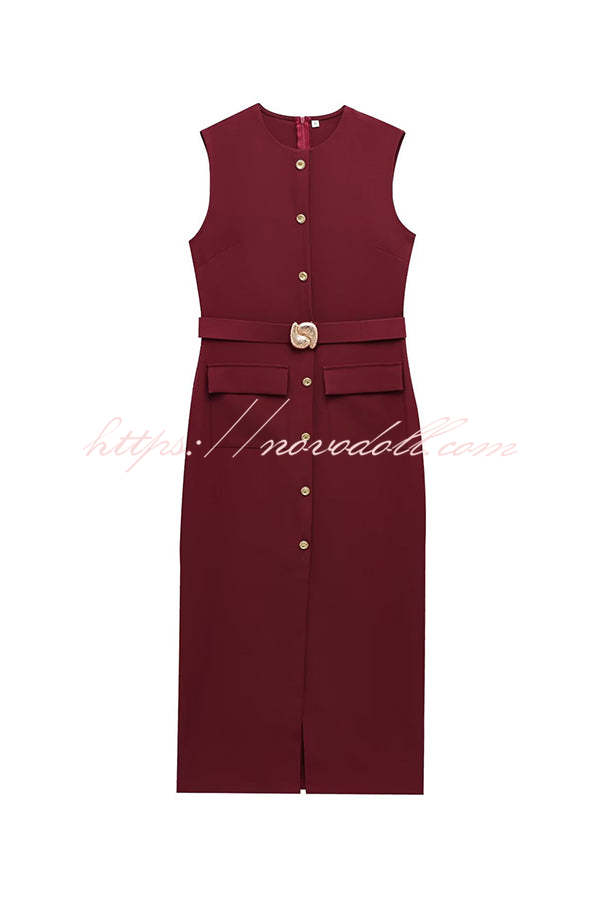 Danina Button Up Sleeveless Metal Belted Pocket Stretch Midi Dress