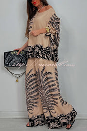 Unique Print Loose Drawstring Long Sleeve Top and Elastic Waist Casual Pocket Wide Leg Pants Set