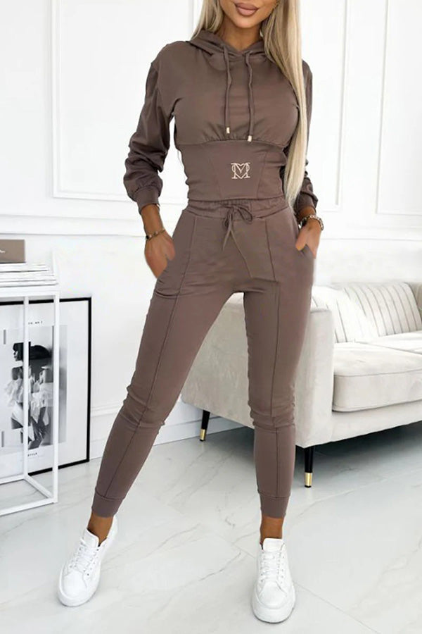 Solid Color Long Sleeve Hooded Top and Elastic Waist Tie Pocket Casual Pants Set