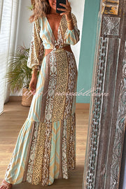 Sefora Unique Color Block Print Long Sleeve Ring Cutout Back Tie-up Maxi Dress