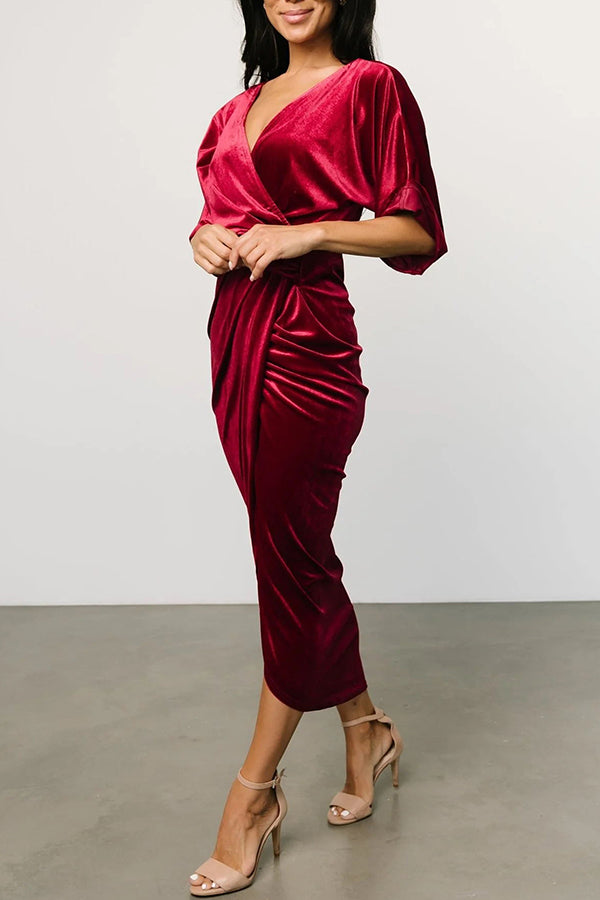 Brendy V Neck Half Sleeve Velvet Pleated Midi Dress