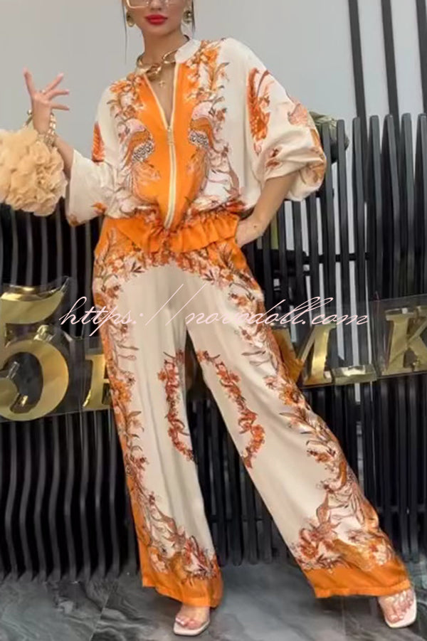 Unique Printed Casual Long-sleeved Loose Top and Elastic Waist Pocket Wide-leg Pants Set