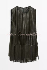 Modern Times Faux Leather Layered Tassel Design Sleeveless H-line Mini Dress