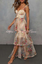 Romantic and Elegant Mesh Floral Back Smocked Tiered Ruffle Maxi Dress