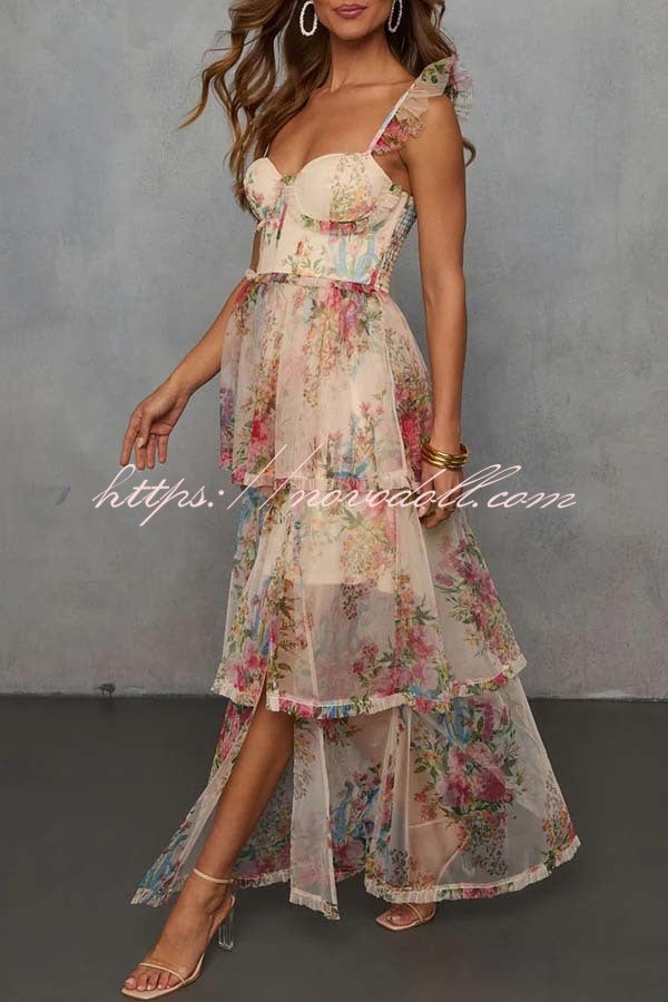Romantic and Elegant Mesh Floral Back Smocked Tiered Ruffle Maxi Dress