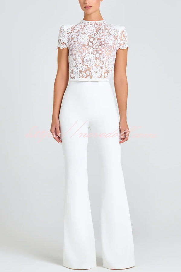 Party Charmer Flower Lace Patchwork Short Sleeve Bow Belted Flare Jumpsuit