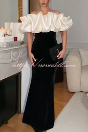 Cecily Velvet Off Shoulder Satin Structured Bardot Neck Stretch Maxi Dress