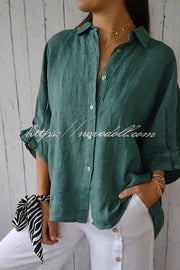 Linen Blend Solid Color Tie Back Loose Shirt Top