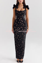 Holiday Intimacy Embroidered Floral Lace Bow Shoulder Straps Slit Maxi Dress