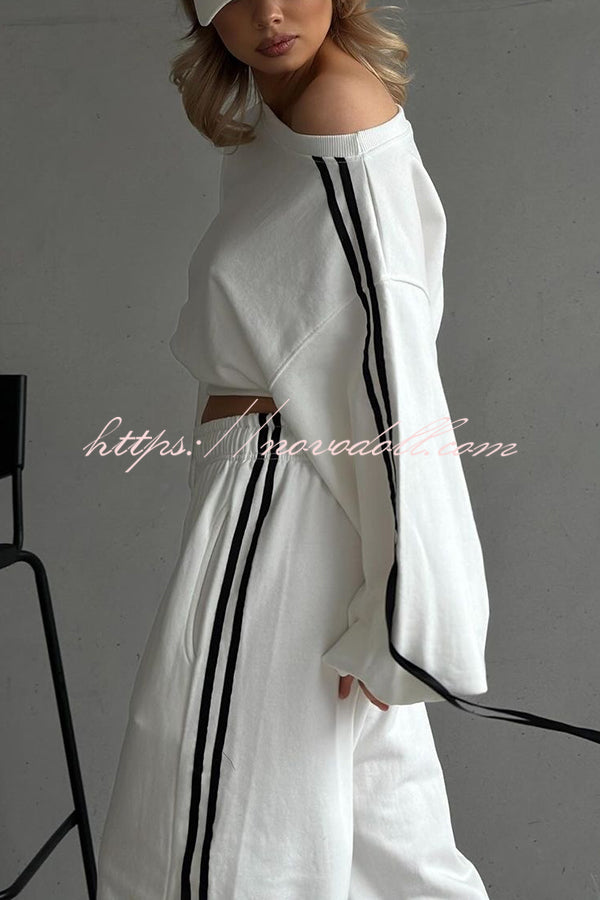 Contrast Color Webbing Casual Sweatshirt and Elastic Waist Tie Loose Pants Set