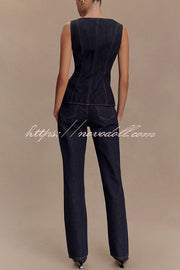 Stassi Denim Square Neck Unique Button Up Princess Seams Vest Top