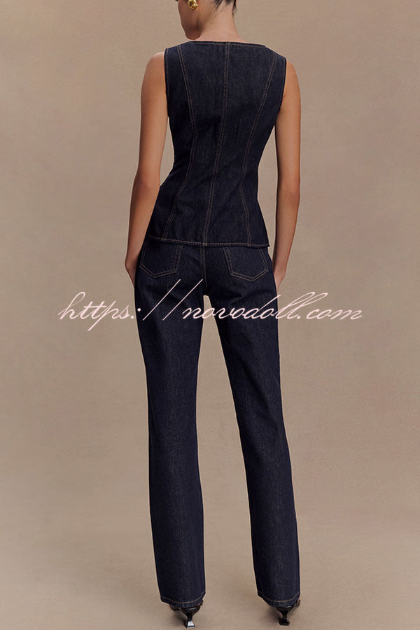 Stassi Denim Square Neck Unique Button Up Princess Seams Vest Top