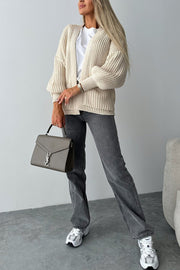 Solid Color V-neck Long-sleeved Casual Knitted Cardigan