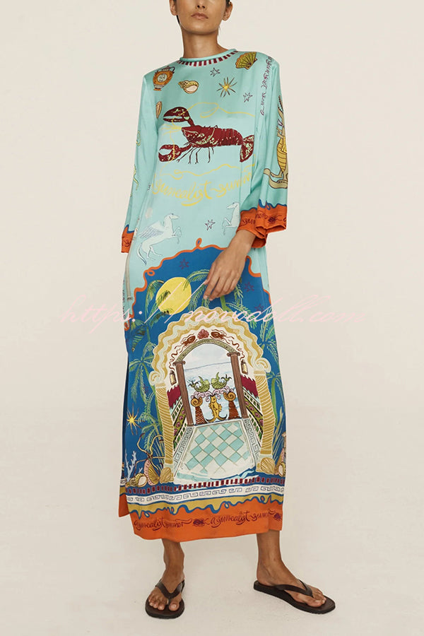 Satin Unique Print Long-sleeve Tie-waist Slit Maxi Dress