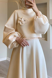 Solid Color Flower-embellished Lantern Sleeve Loose Top and Casual Maxi Skirt Set