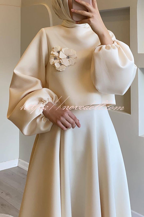 Solid Color Flower-embellished Lantern Sleeve Loose Top and Casual Maxi Skirt Set