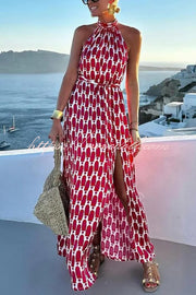 Unique Printed Sleeveless Halterneck Tie-waist Slit Maxi Dress