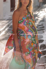 Rainbow Breeze Satin Unique Print Bow One Shoulder Loose Maxi Dress