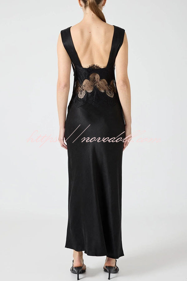 Wonderful Fusion Satin Lace Trim See-through Waist V-neck Drape Maxi Dress