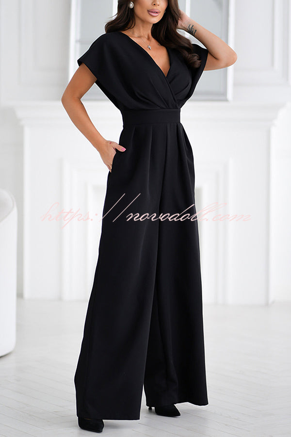 Solid Color V-neck Waist Casual Wide-leg Jumpsuit